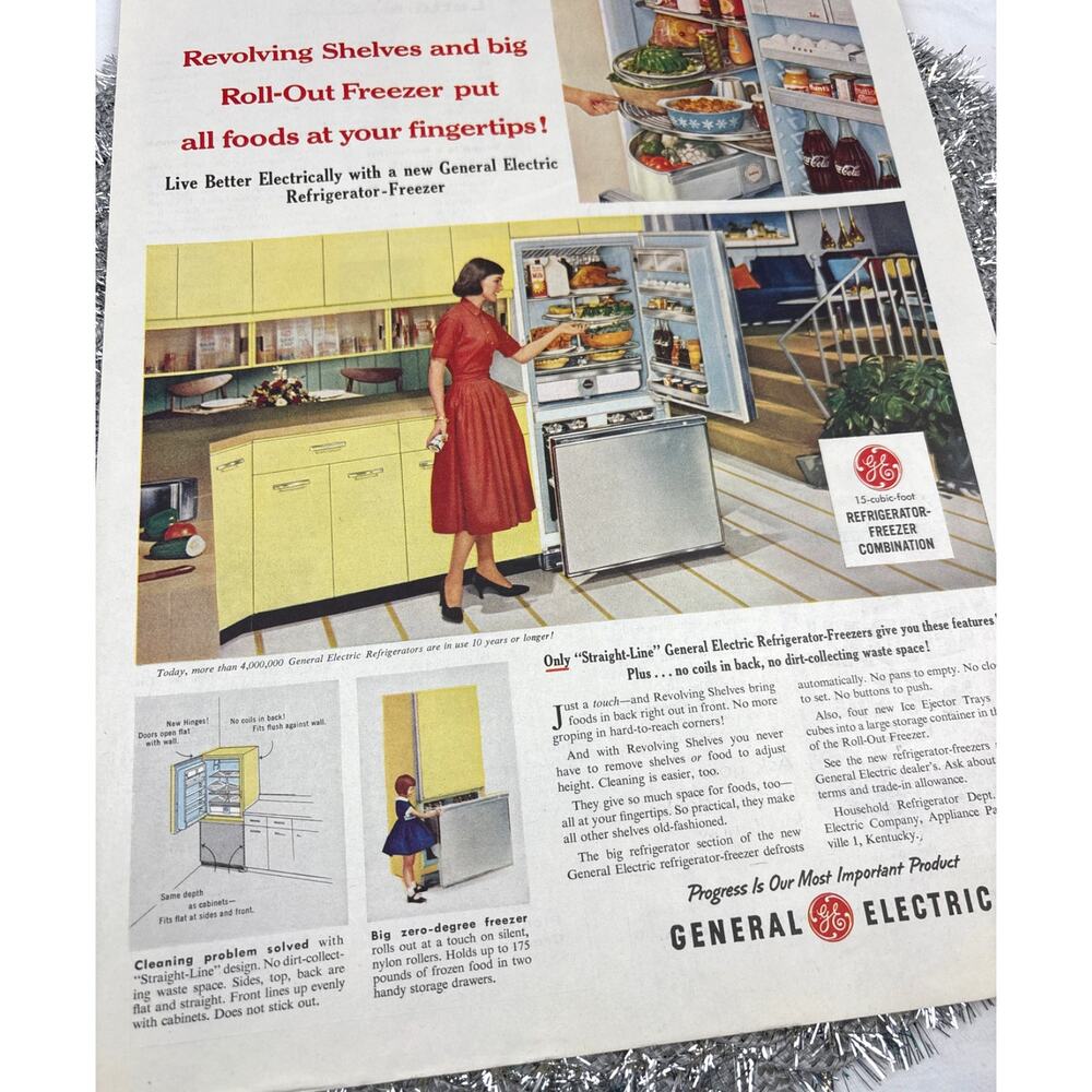 1958 General Electric G.E. Refrigerator Retro Magazine Print Ad Kitchen Decor